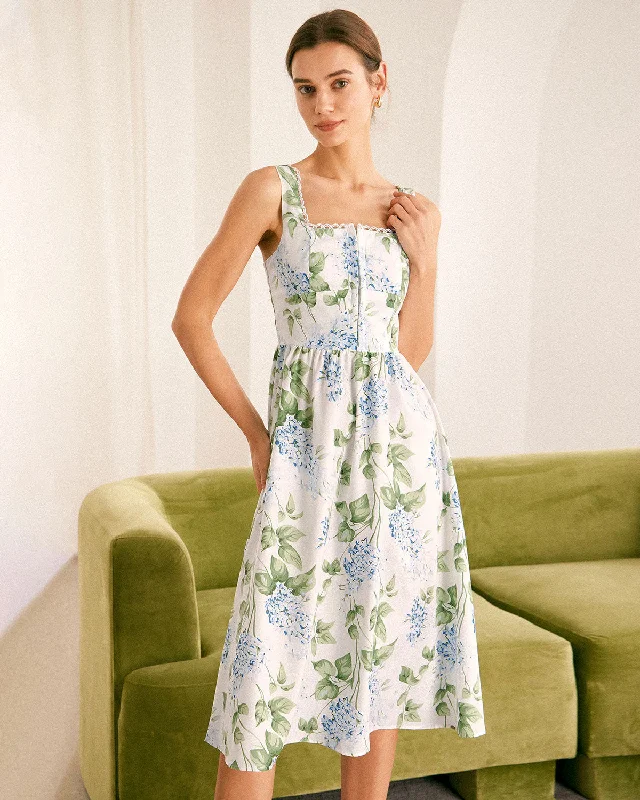 Noble And Elegant The White Square Neck Floral A-Line Midi Dress