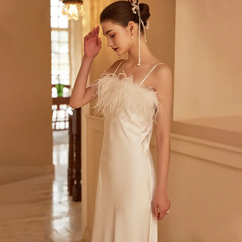 Boutique Recommendation Real Silk Sleeveless Ostrich Feather Mid-Calf Dresses