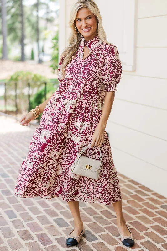 Sexy Fun Take You There Sangria Red Abstract Midi Dress