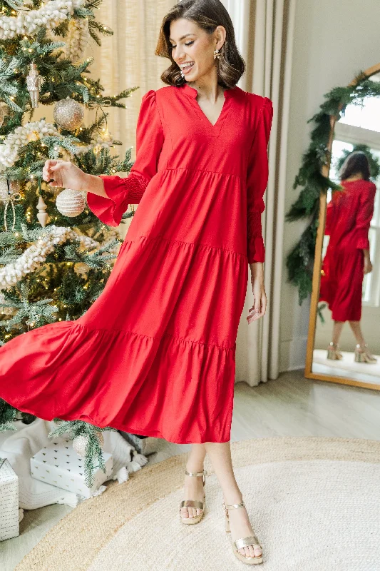Casual And Comfortable What A Surprise Red Ruffled Midi Dress