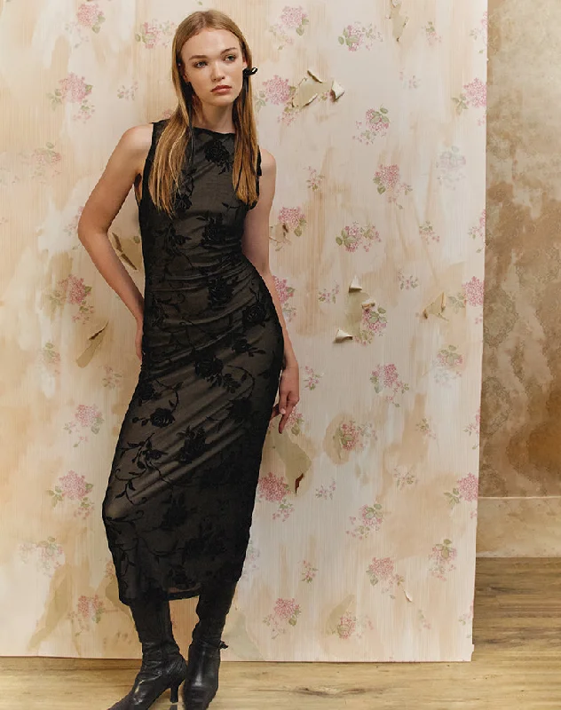 Youthful Street Fashion Estoria Midi Dress Black Rose Flock