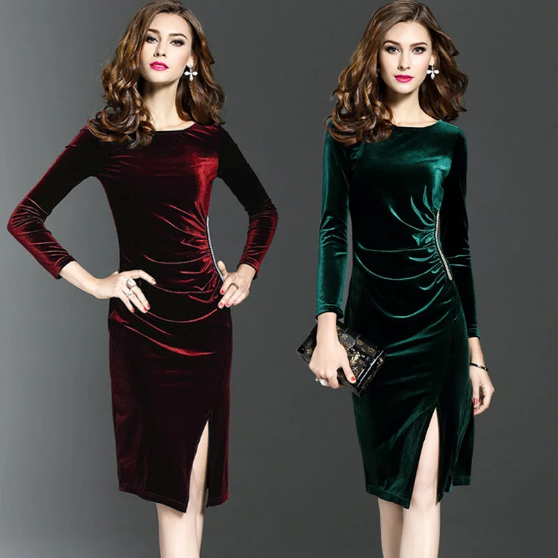 Simple Solid Color Sexy Long Sleeves Velvet Women Tight Dresses