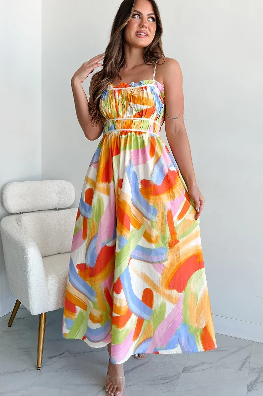 Personalized Clothing Passionate Response Printed Maxi Dress (White/Blue/Yellow)