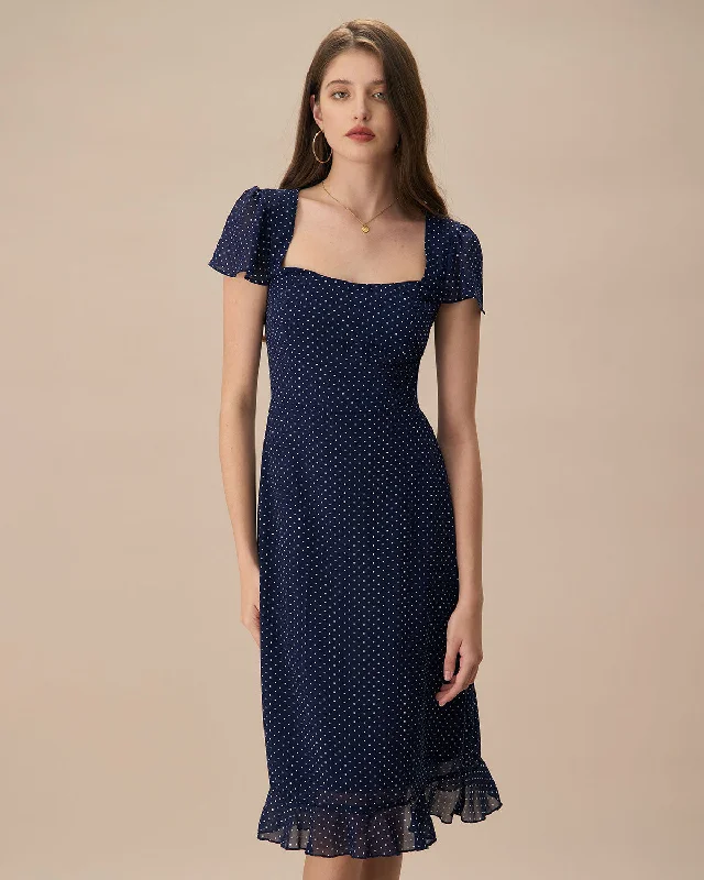 Free And Casual The Navy Polka Dot Cutout Midi Dress