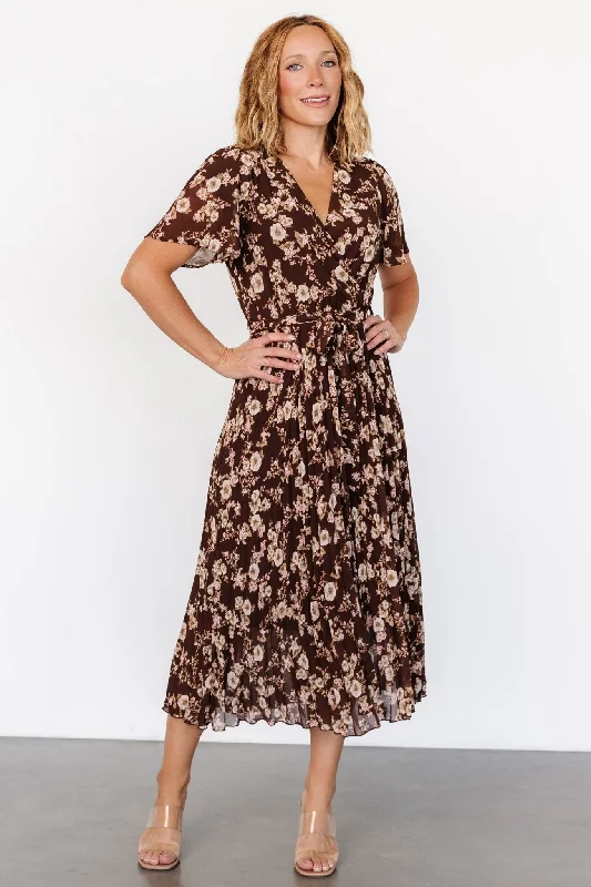 Thin Design Cassidy Pleated Midi Dress | Brown Floral