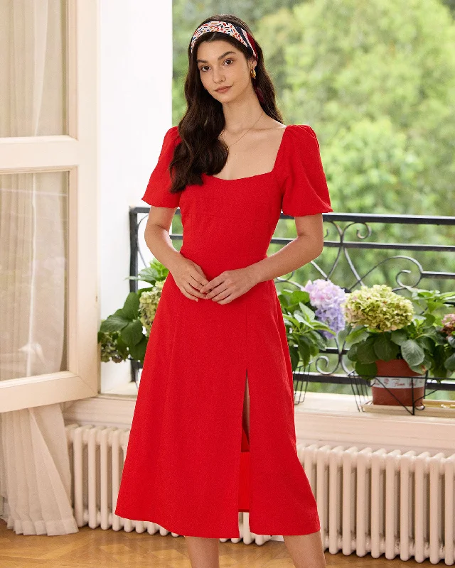 Casual Street The Red Sweetheart Neck Slit Midi Dress