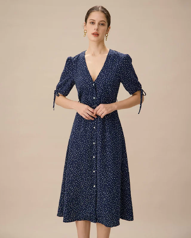 Carefree Style Navy Polka Dot Belted Midi Dress