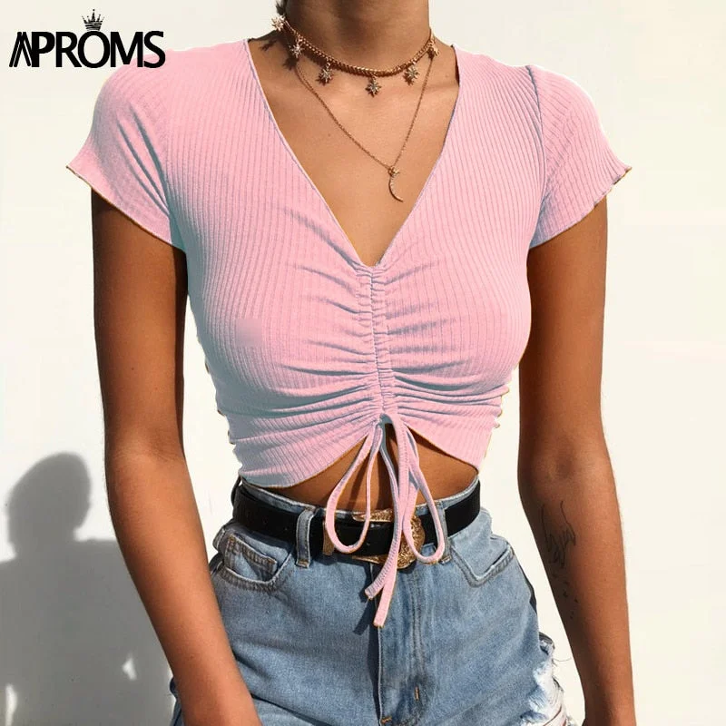 Noble And Elegant Aproms Sexy V Neck Cropped Tank Tops Women Drawstring Tie Up Front Camis Candy Colors Streetwear Slim Fit Ribbed Crop Top 2020