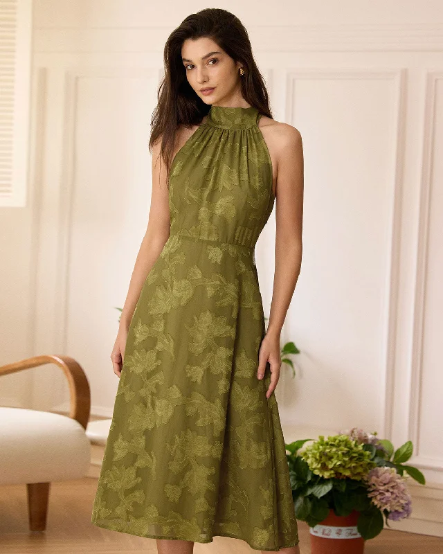 Ethnic Style The Green Jacquard Ruched Halter Midi Dress