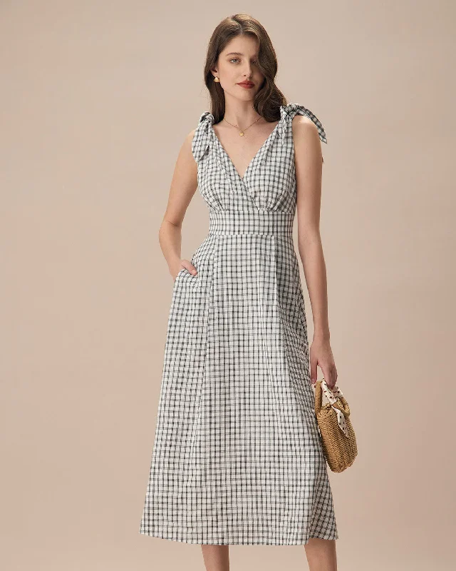 Playful Style The Black V-Neck Plaid Tie Strap Cotton Midi Dress