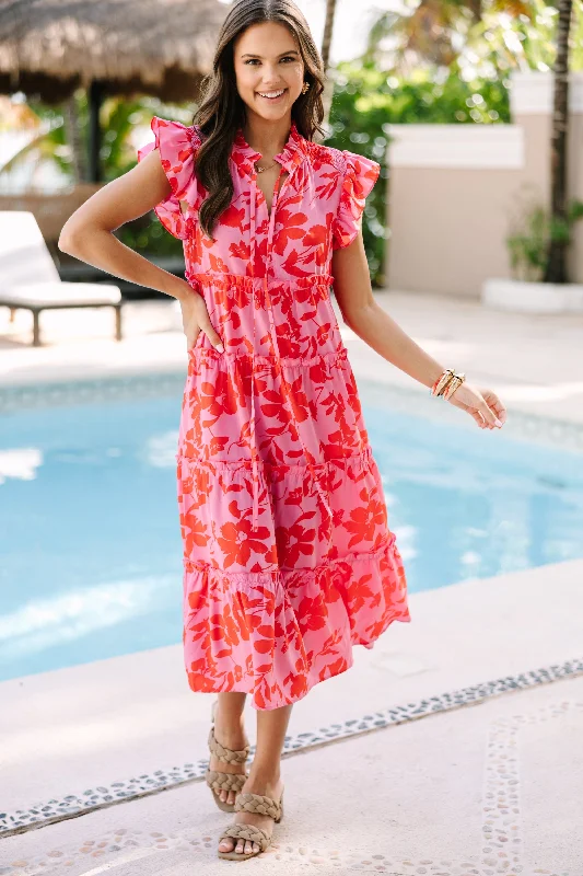 French Retro Show You Off Rose Pink Floral Midi Dress