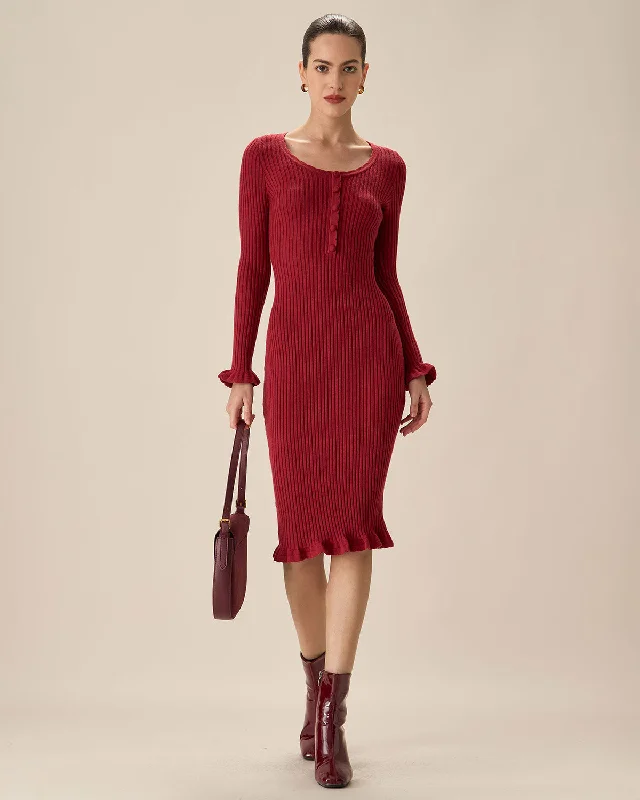 Retro Fashion Red Bodycon Bell Sleeve Sweater Dress