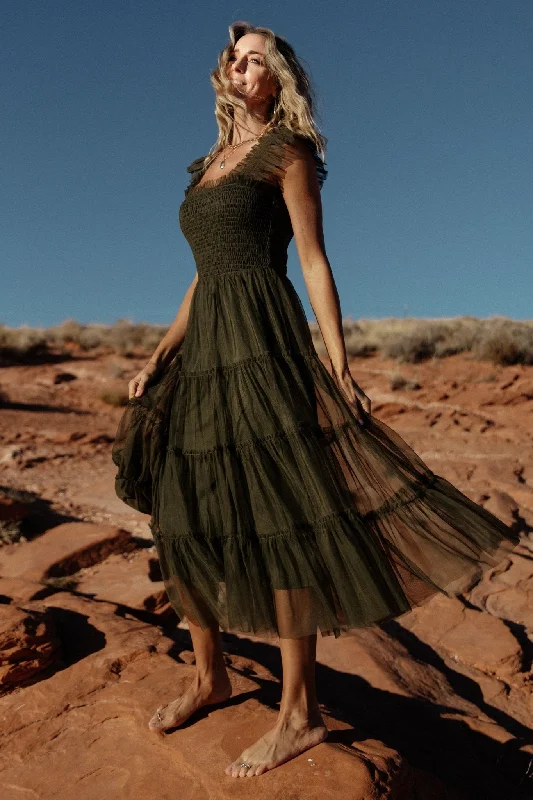 Urban Sense Emma Smocked Tulle Dress | Dark Olive