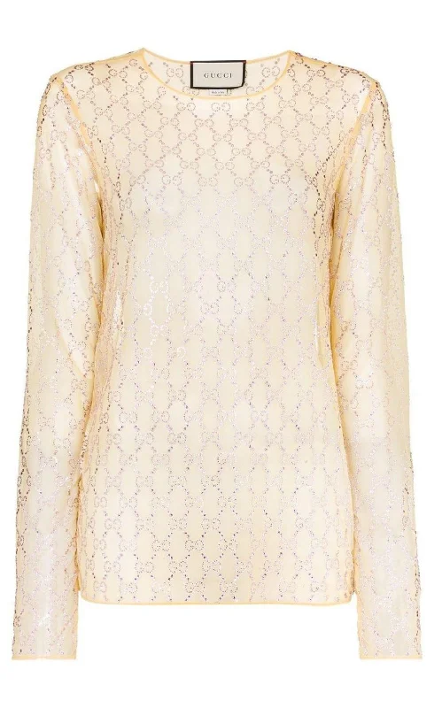 Sports Design Crystal Embroidered Sheer Tulle Top