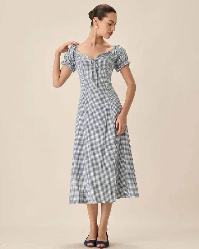 Sports Design Blue Plaid Sweetheart Neck Midi Dress