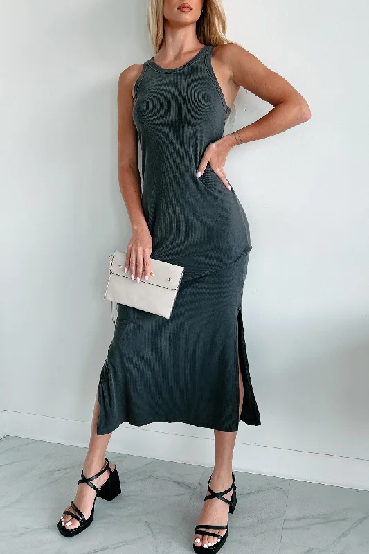 Unique Design Chances Are Ribbed Tank Midi Dress (Charcoal)