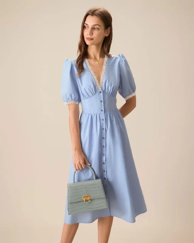 Simple Matching Women's Blue V-Neck Puffed Sleeve Midi Dress