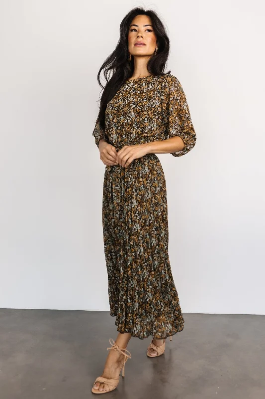 Feminine Charm Eileen Pleated Dress | Midnight Garden Print