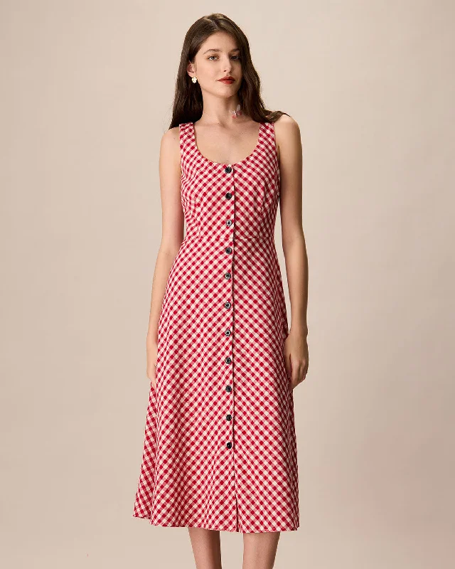 High-end Design Women's Red U-Neck Plaid Midi Dress