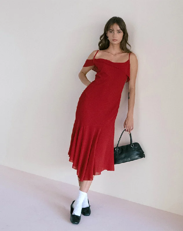 Light And Breathable Dansya Midi Chiffon Dress in Red