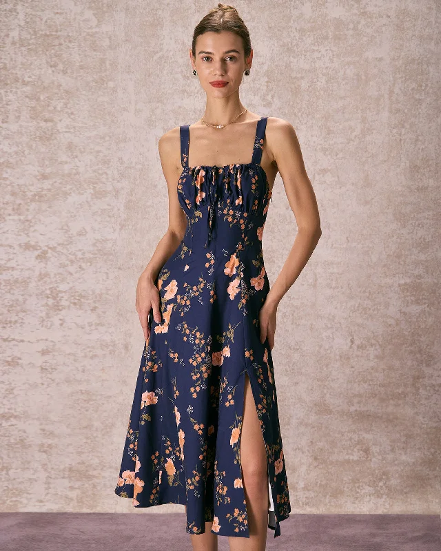 Minimalism The Navy Lace Up Floral Ruched Midi Dress
