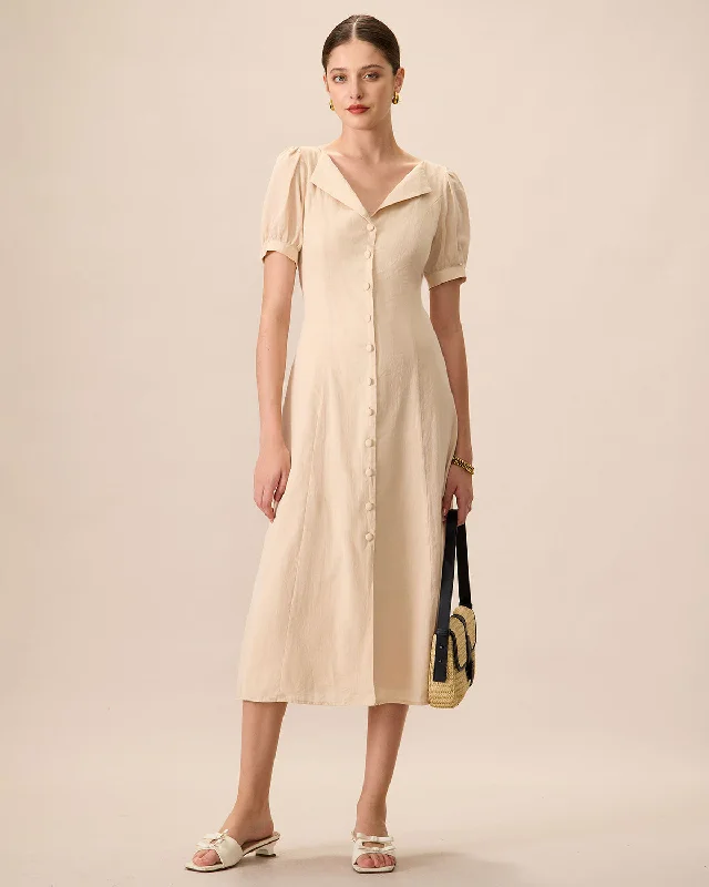 Classic Series Women's Apricot Puff Sleeve Cotton Midi Dress