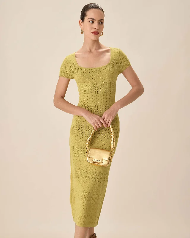 Fashion Style Green Square Neck Bodycon Midi Dress