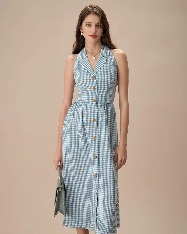 Simple And Comfortable The Blue Lapel Plaid Sleeveless Shirt Midi Dress