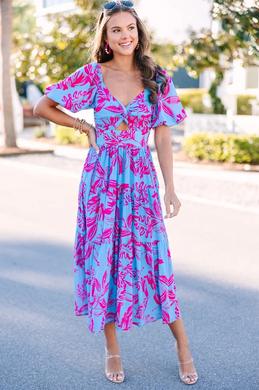 Comfortable And Cold-proof All In The Journey Blue Floral Midi Dress
