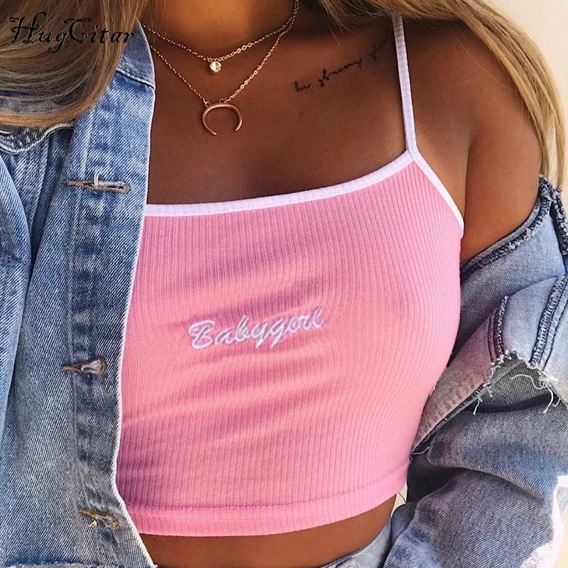 Girl Style Hugcitar letters Embroidery spaghetti straps patchwork sexy crop tops 2018 summer women fashion camis Girl Style Hugcitar letters Embroidery spaghetti straps patchwork sexy crop tops 2018 summer women fashion camis