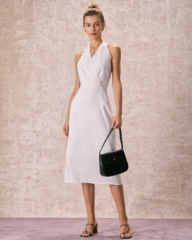 Street Charm The White Halter Ruched Wrap Satin Midi Dress