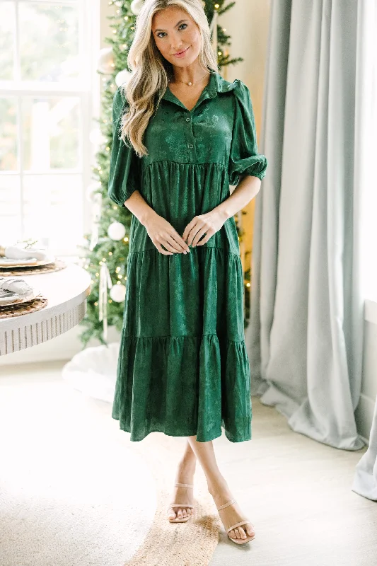 Slightly Flared Design All The Love Emerald Green Floral Satin Midi Dress