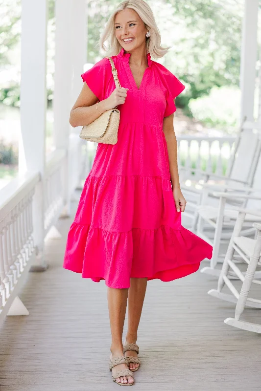 Slightly Flared Design Fully Invested Fuchsia Pink Midi Dress