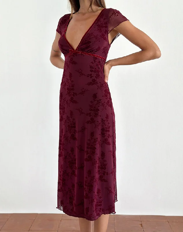 Celebrity Must-have Vilinia Midi Dress in Botanical Flower Maroon