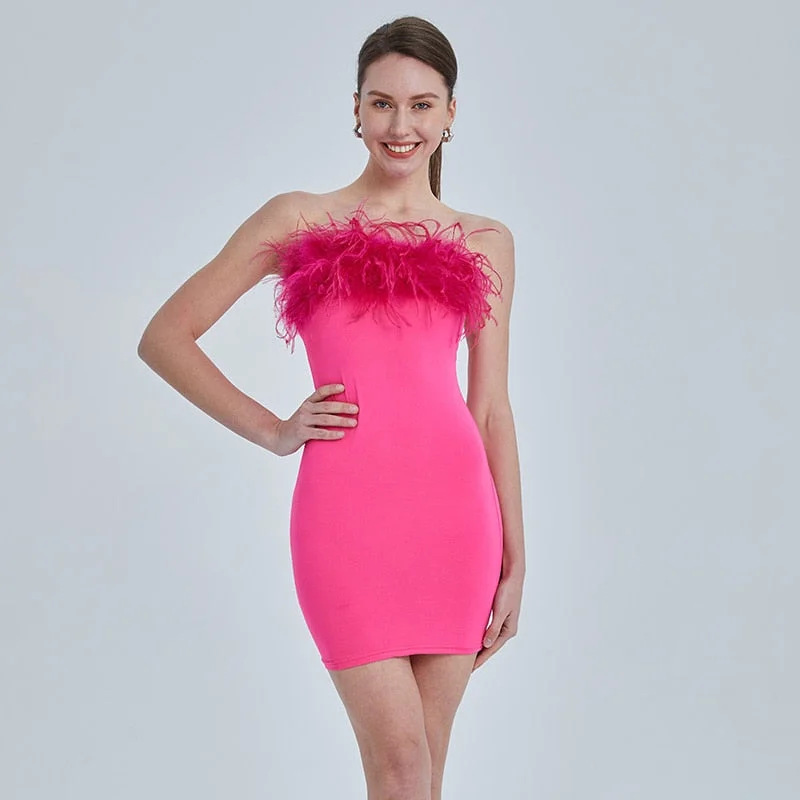 Thin Design Ostrich Feather Chest Tube Mini Dresses