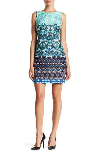 Luxury Temperament Taylor - Multi-Print Scuba Dress 9173MJ - 1 pc Turq Multi In Size 8 Available