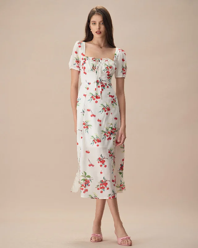Outdoor Trend The White Puff Sleeve Cherry Split Midi Dress