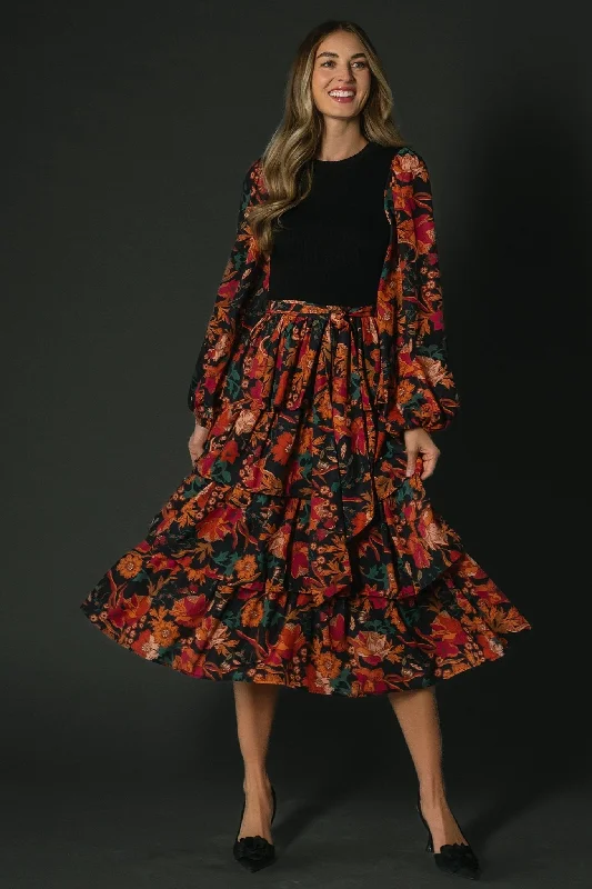 Embroidered Letters Sylvie Tiered Midi Dress | Black Multi