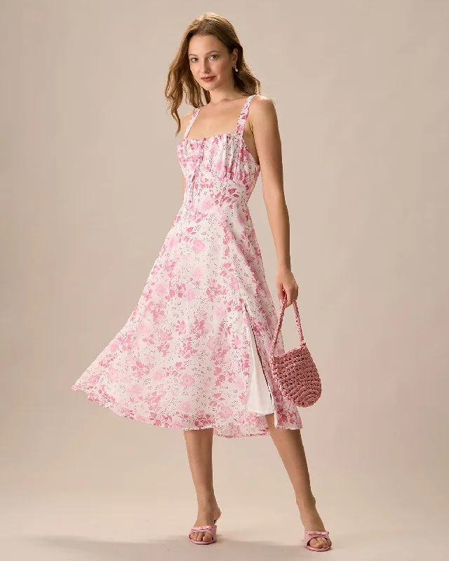 Celebrity Style The Pink Square Neck Floral Ruched Midi Dress