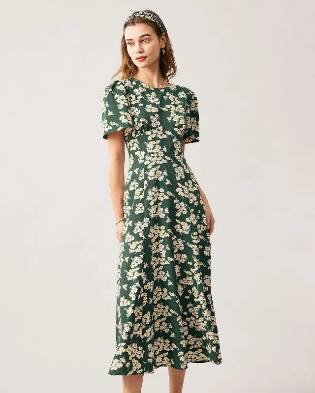 Carefree The Green Round Neck Short Sleeve Floral Midi Dress