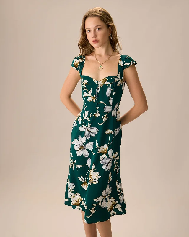 High-end Fabrics The Green Sweetheart Neck Cap Sleeve Floral Midi Dress