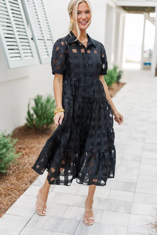 British Fashion So Worth It Black Textured Button Down Midi Dress