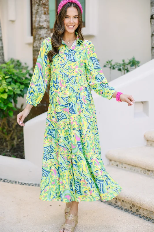 Fresh And Natural Bright New Days Green Paisley Midi Dress