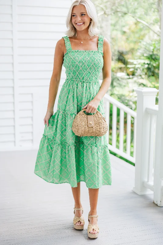 Classic Here To Stay Green Eyelet Midi Dress