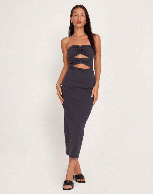 Elegant Temperament Dayuna Bandeau Midi Dress in Ocean Storm