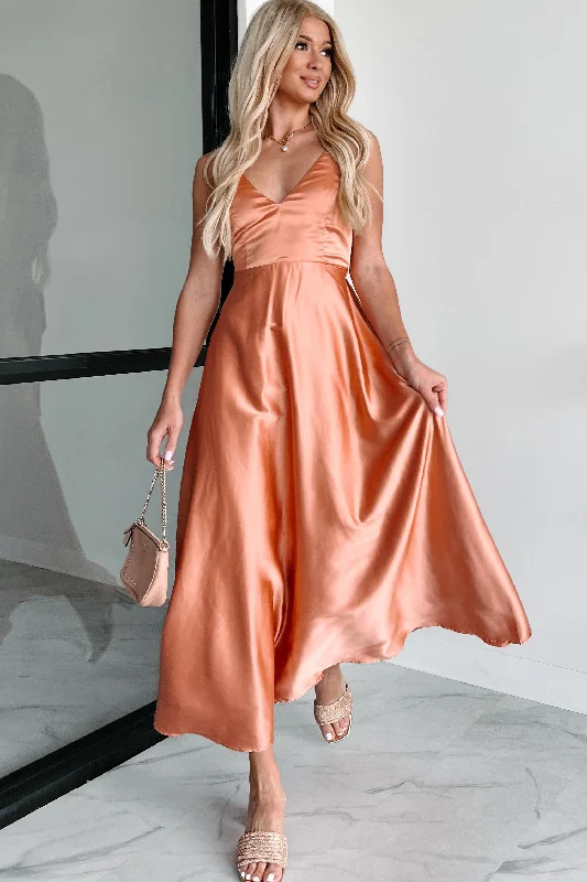 Fresh And Simple Luxurious Poise Satin Midi Dress (Light Rust)