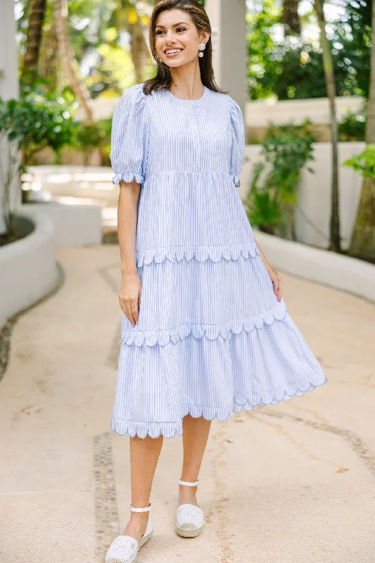Slim Fit Perfectly Paired Light Blue Striped Midi Dress