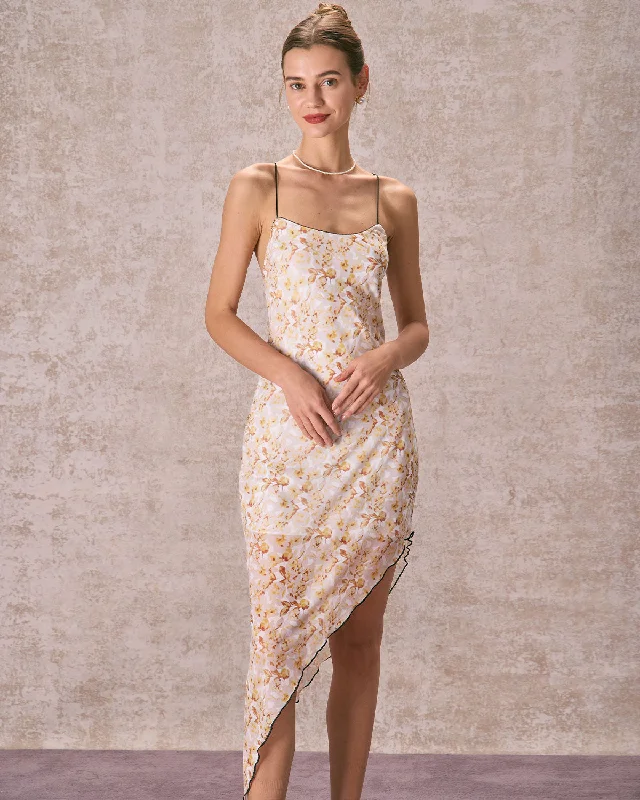 French Style The Yellow Asymmetric Hem Floral Midi Dress