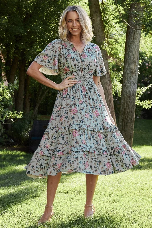 Relaxed And Casual Spell Boho Midi Dress | Sage + Pink Floral