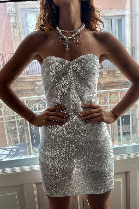 French Retro Celeste White and Silver Sequin Mini Dress